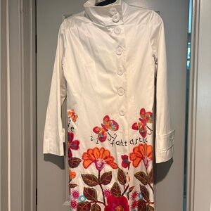 Desigual White Trench Coat with Colorful Floral Embroidery